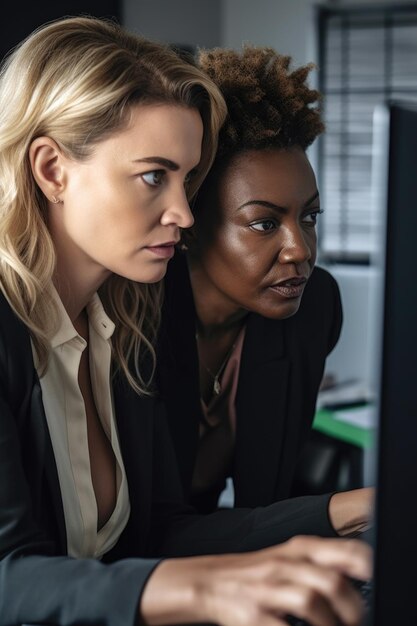 Photo une photo de deux femmes d'affaires regardant quelque chose sur un ordinateur portable dans un bureau.