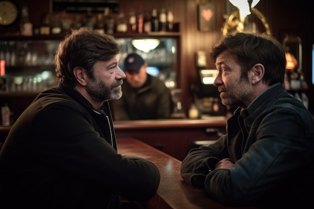 Photo de deux hommes parlant dans un bar créé avec une IA générative