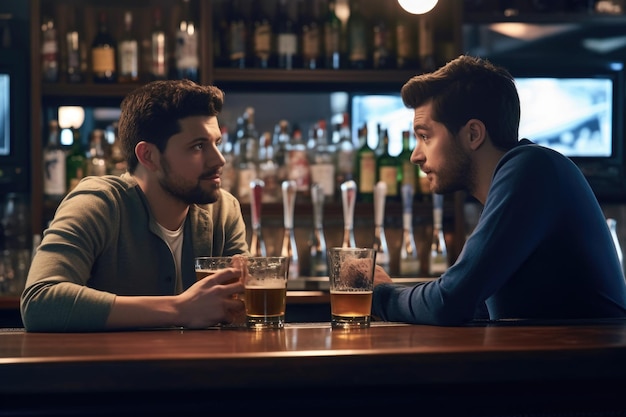 Une photo de deux hommes prenant un verre dans un bar.