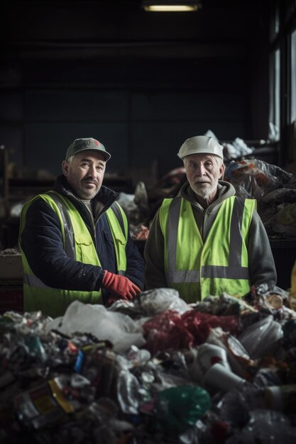 Photo de deux hommes travaillant dans un entrepôt de recyclage créé avec une IA générative