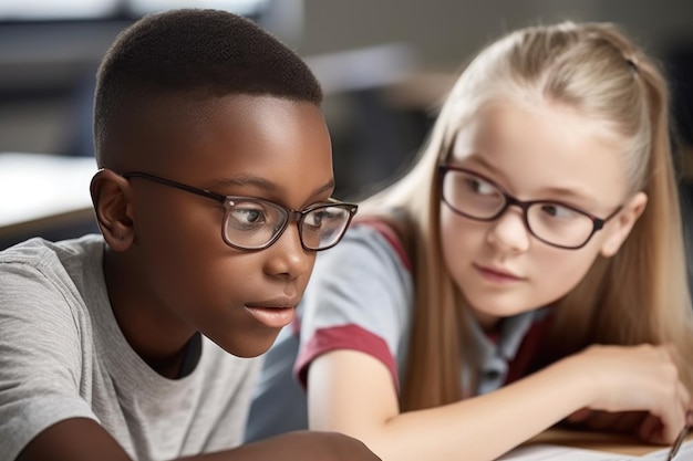 Photo une photo de deux jeunes étudiants qui étudient ensemble en classe créée avec l'ia générative