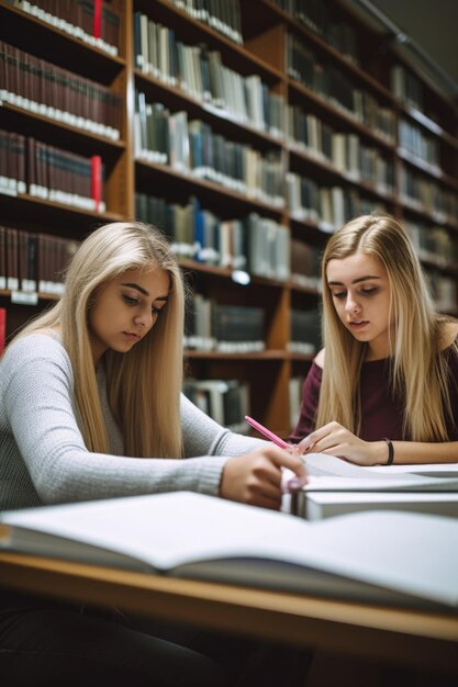 Photo de deux jeunes étudiants travaillant dans une bibliothèque créée avec l'IA générative