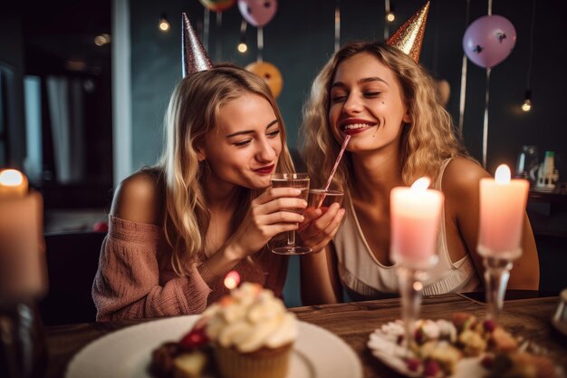 Photo de deux jeunes femmes célébrant lors d'une fête d'anniversaire créée avec une IA générative