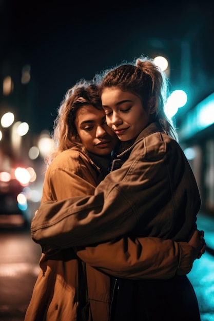 Une photo de deux jeunes femmes qui s'embrassent dans la rue après une soirée.