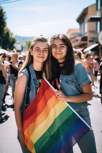 Une photo de deux jeunes femmes tenant un drapeau de la fierté pendant un défilé créé avec l'AI générative