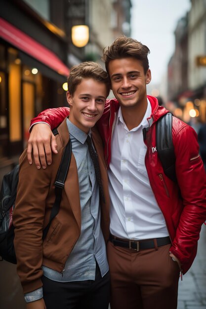 Photo une photo de deux meilleurs amis adolescents dans la rue portant leurs uniformes scolaires.