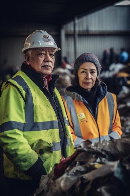 Photo de deux personnes dans une usine de recyclage créée avec une IA générative