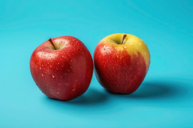 une photo de deux pommes sur fond bleu