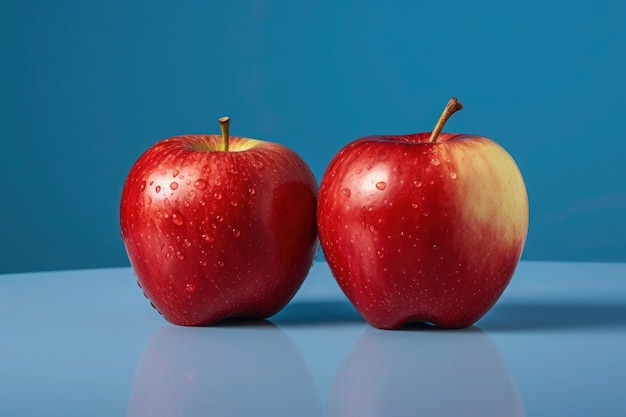 une photo de deux pommes sur fond bleu