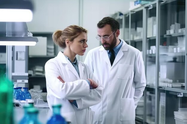 Photo de deux scientifiques discutant dans un laboratoire créé avec une IA générative