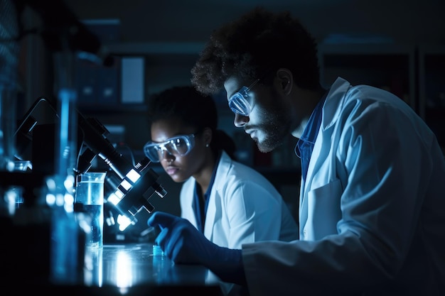 Une photo de deux scientifiques travaillant ensemble dans un laboratoire créé avec l'IA générative