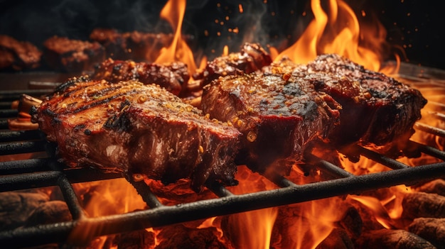 Photo de deux steaks brûlant sur un gril chaud avec des flammes