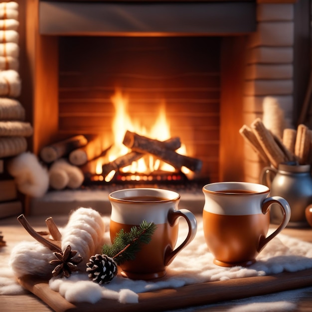 Photo photo deux tasses pour le thé ou le café des choses de laine près de cheminée confortable dans la maison de campagne vacances d'hiver