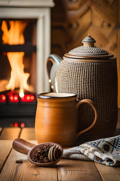 Photo photo de deux tasses pour le thé ou le café en laine près d'une cheminée confortable dans une maison de campagne en vacances d'hiver