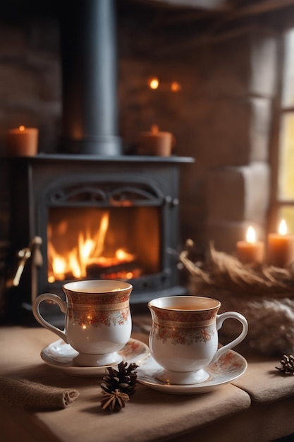 Photo de deux tasses pour le thé ou le café en laine près d'une cheminée confortable dans une maison de campagne en vacances d'hiver