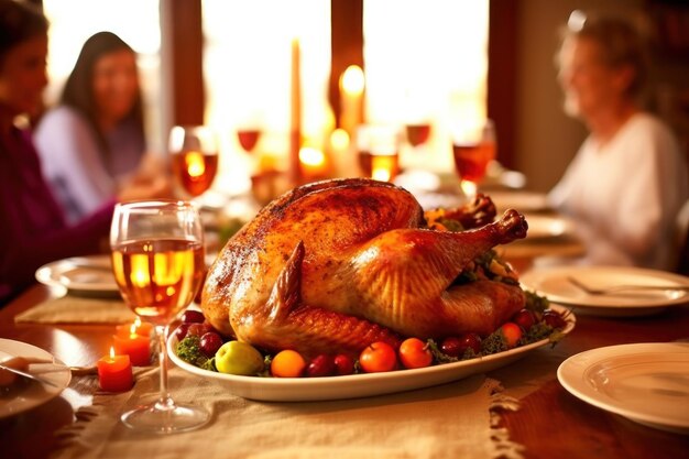 Photo d'une dinde de Thanksgiving sur une table de dîner