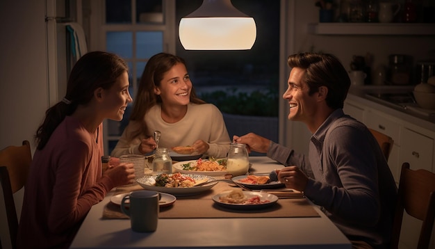 Une photo d'un dîner en famille, des traits du visage clairs, détendu et joyeux, un lieu d'étude