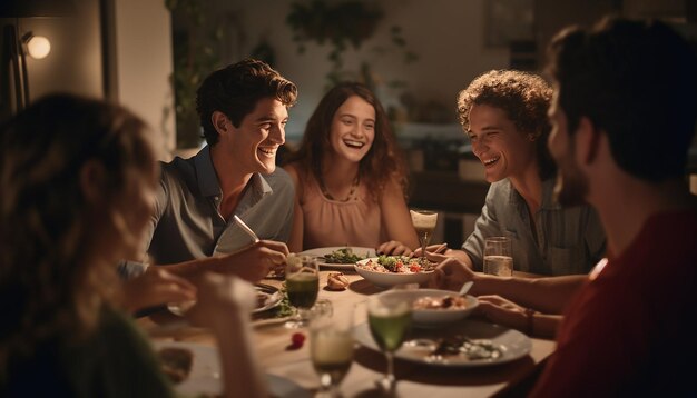 Une photo d'un dîner en famille, des traits du visage clairs, détendu et joyeux, un lieu d'étude