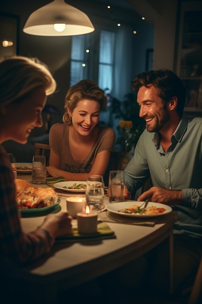 Une photo d'un dîner en famille, des traits du visage clairs, détendu et joyeux, un lieu d'étude