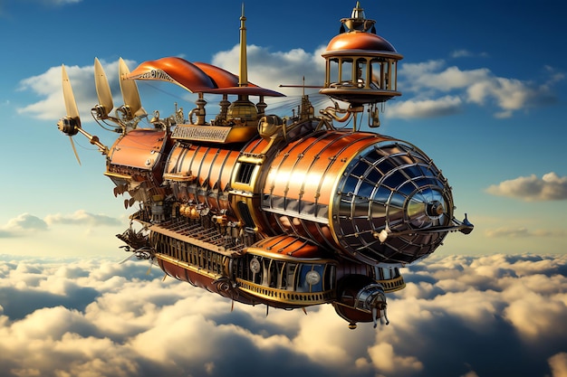 Photo photo d'un dirigeable steampunk dans le ciel papier peint 4k