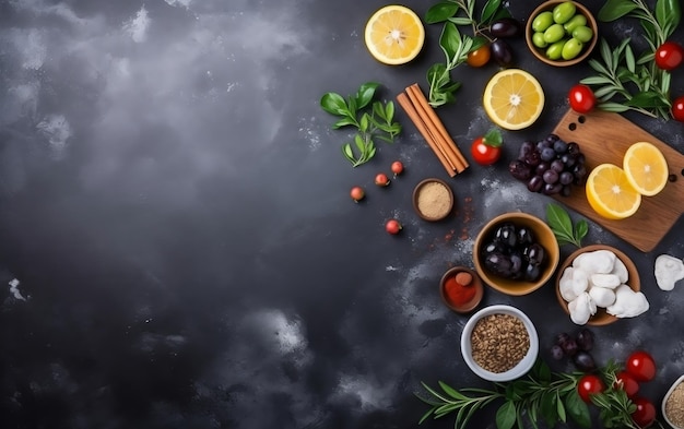 Une photo de divers fruits et légumes sur fond sombre