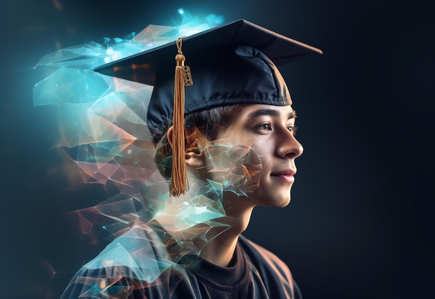 Photo de double exposition d'un jeune homme avec une image réaliste de fond de technologie de chapeau de graduation