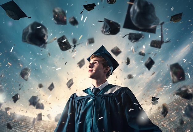 Photo de double exposition d'un jeune homme lançant une image réaliste de fond de technologie de chapeau de graduation