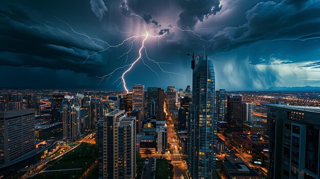 Photo une photo dramatique du paysage urbain d'une tempête d'éclairs au-dessus d'une zone du centre-ville
