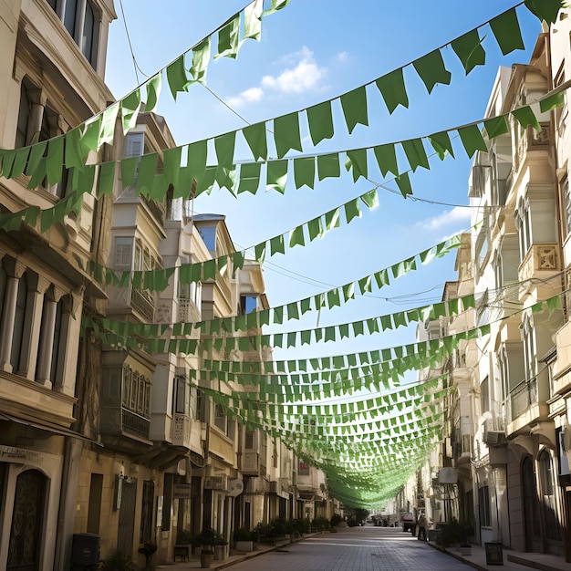 Photo Des drapeaux verts dans les rues pour la célébration islamique de l'Aïd Milad un Nabi