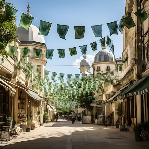 Photo Des drapeaux verts dans les rues pour la célébration islamique du 12 Rabi Ul Awal