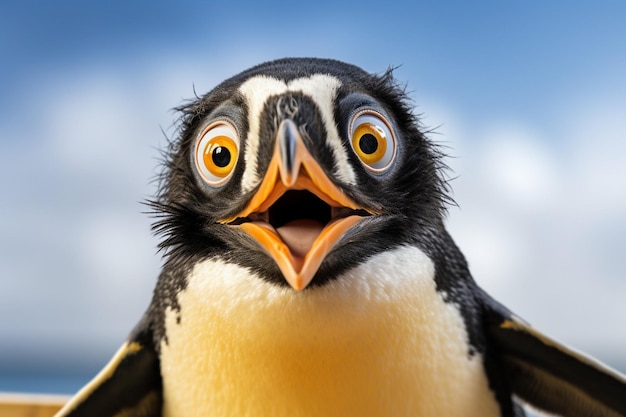 Une photo drôle d'un pingouin avec sa tête coincée dans la neige.