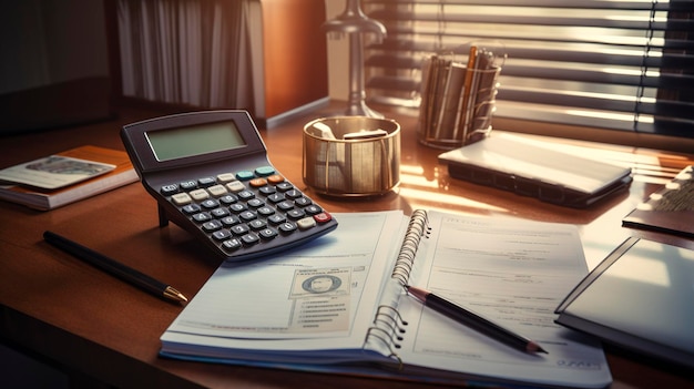 Une photo du bureau d'un conseiller financier avec un bloc-notes et une calculatrice