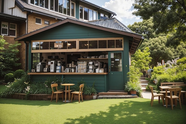 Photo du café sur la terre et l'herbe de la pelouse