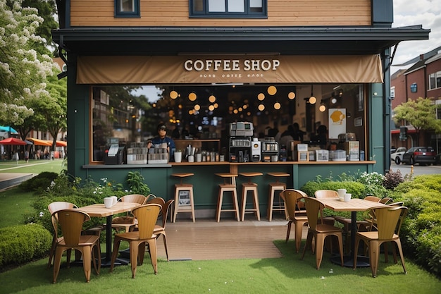 Photo du café sur la terre et l'herbe de la pelouse