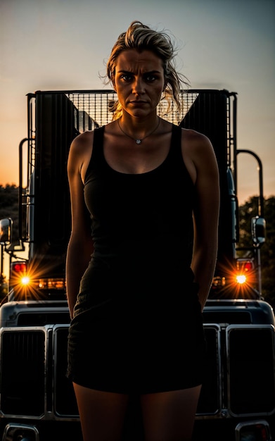 photo du chauffeur de camion avec le camion en arrière-plan scène de coucher de soleil IA générative