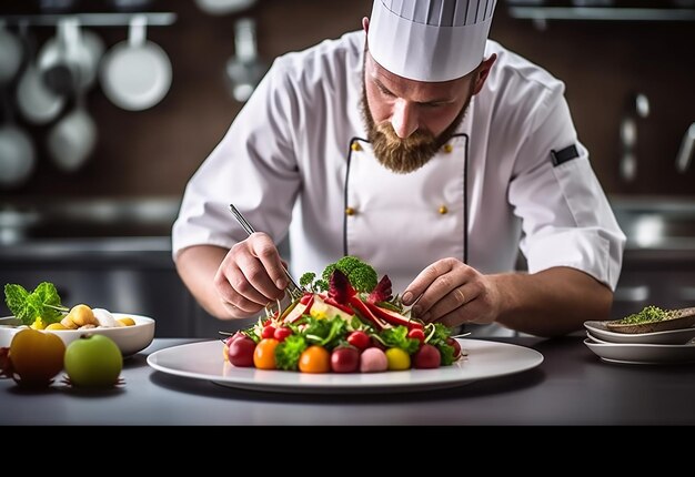 Photo photo du chef garnissant et décorant la nourriture du restaurant dans la cuisine