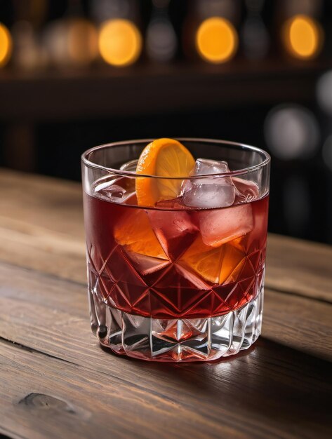 Une photo du cocktail Negroni sur la table en bois