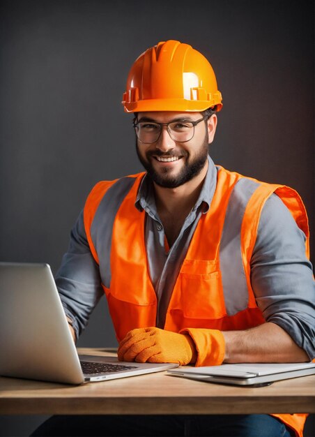 La photo du constructeur dans un gilet de construction et un casque orange debout sur le fond du studio