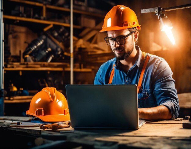 La photo du constructeur dans un gilet de construction et un casque orange debout sur le fond du studio