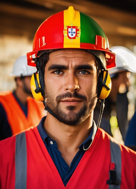 La photo du constructeur dans un gilet de construction et un casque orange debout sur le fond du studio