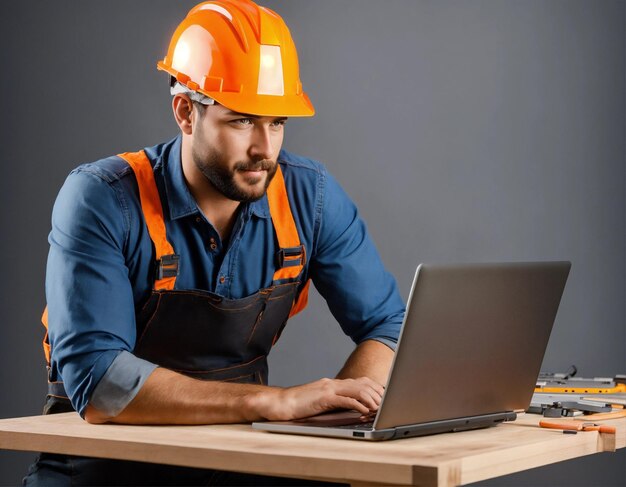 La photo du constructeur dans un gilet de construction et un casque orange debout sur le fond du studio