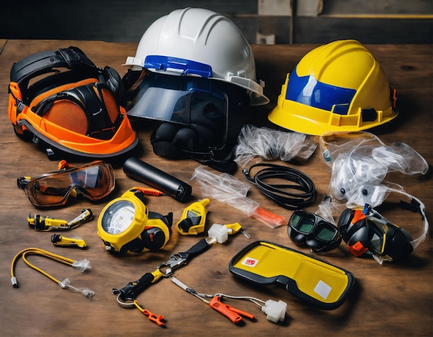 Photo la photo du constructeur dans un gilet de construction et un casque orange debout sur le fond du studio