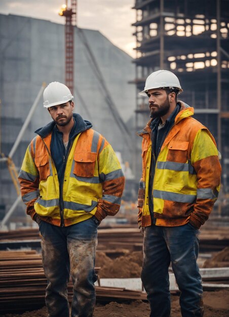 La photo du constructeur dans un gilet de construction et un casque orange debout sur le fond du studio