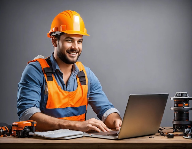 La photo du constructeur dans un gilet de construction et un casque orange debout sur le fond du studio