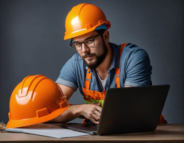 Photo la photo du constructeur dans un gilet de construction et un casque orange debout sur le fond du studio