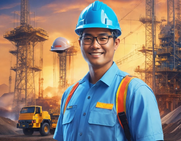 Photo la photo du constructeur dans un gilet de construction et un casque orange debout sur le fond du studio