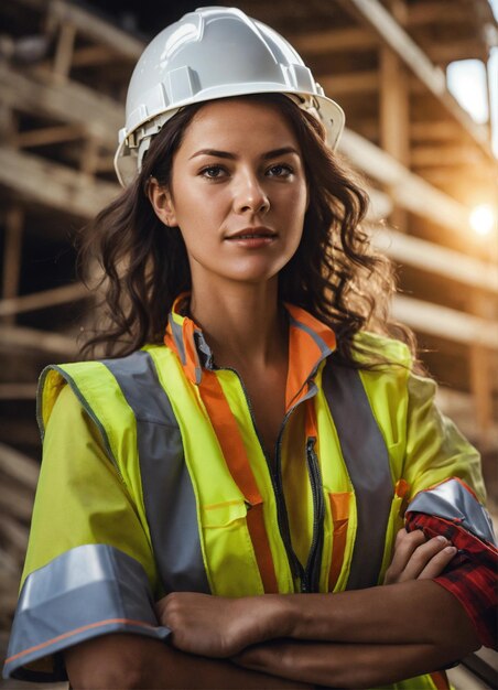 La photo du constructeur dans un gilet de construction et un casque orange debout sur le fond du studio