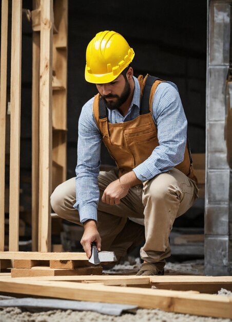 La photo du constructeur dans un gilet de construction et un casque orange debout sur le fond du studio