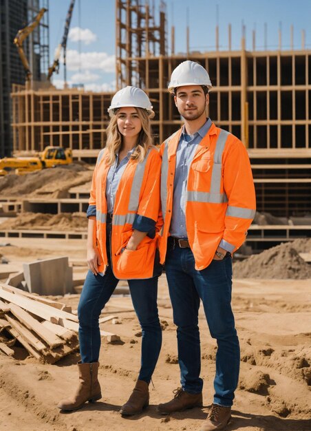 La photo du constructeur dans un gilet de construction et un casque orange debout sur le fond du studio