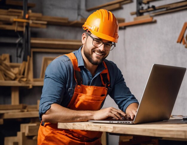 La photo du constructeur dans un gilet de construction et un casque orange debout sur le fond du studio